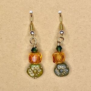 Flower Bead Orange Faceted & Small Bicone Beaded Dangling Earrings